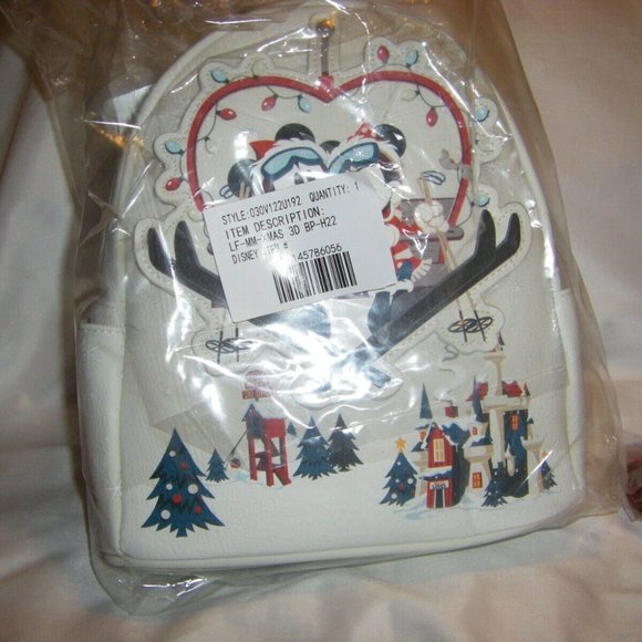 Mickey & Minnie Mouse Holiday Mini Backpack White Disney Loungefly & Keychain - Picture 8 of 12